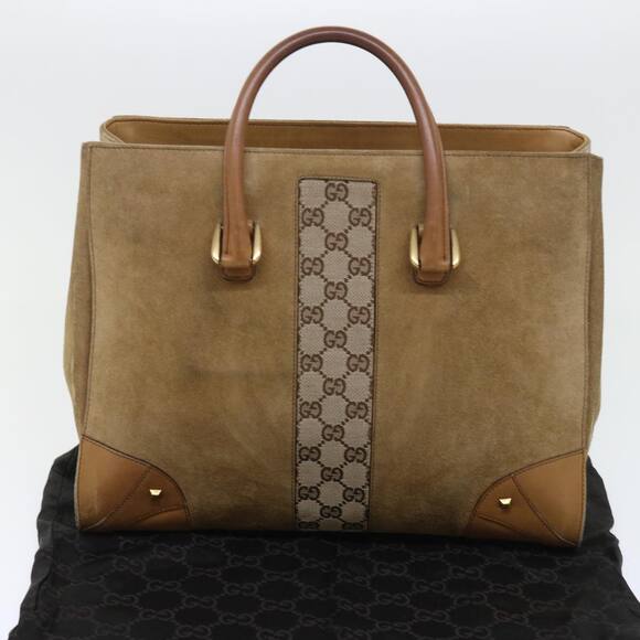 GUCCI Beige Canvas Nailhead Suede Tote with Dustbag 2000's Model 120897 - Picture 11 of 16